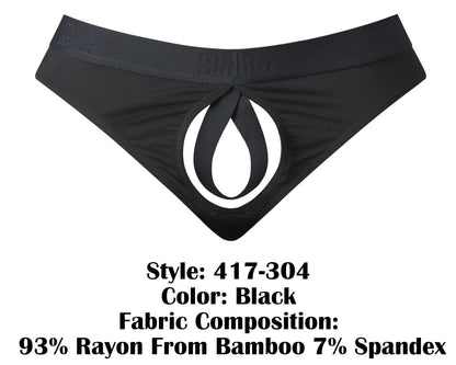 Male power 417-304 black men’s briefs with white teardrop cutout made from 93 bamboo rayon and 7 spandex