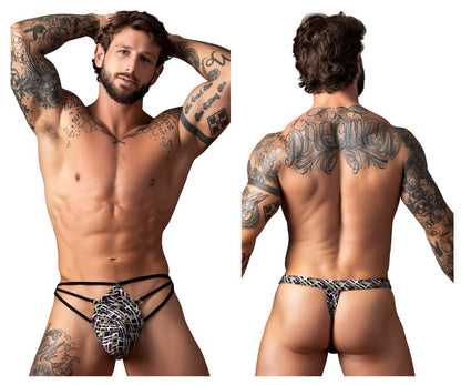 Black and white patterned male power 419-303 gridlocked thong with textured woven design and color printed straps and rings