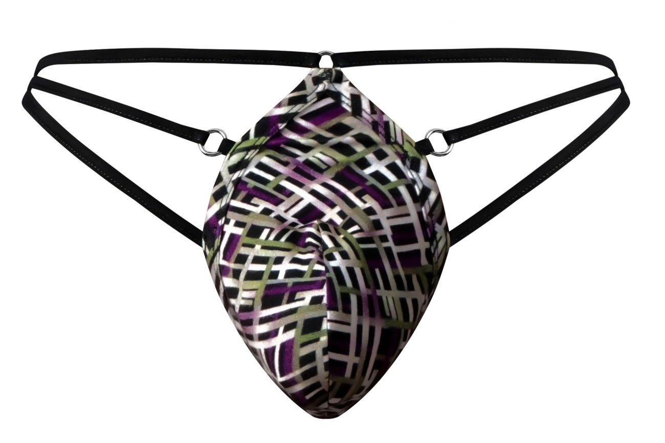 Male power 419-303 gridlocked thong straps-rings color printed sleek men’s thong with bold geometric black white purple olive pattern