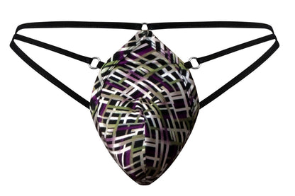 Male power 419-303 gridlocked thong straps-rings color printed sleek men’s thong with bold geometric black white purple olive pattern