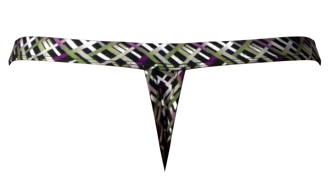 Male power 419-303 gridlocked thong straps-rings color printed black white and purple geometric pattern with triangular cutout