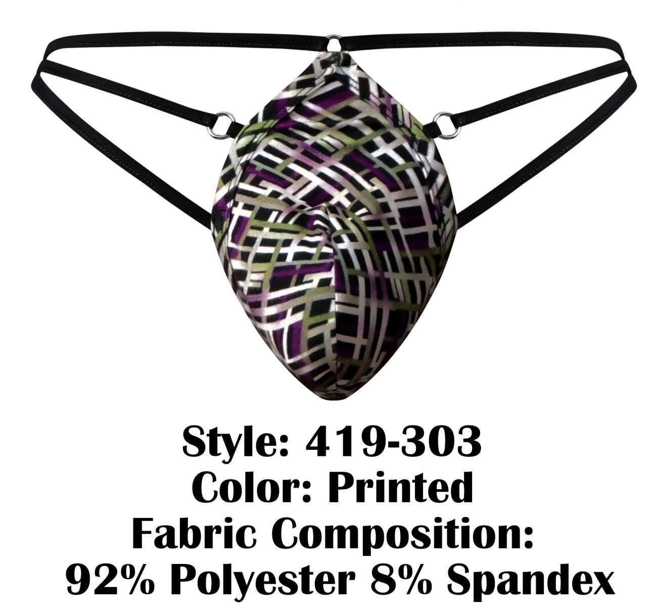 Male power 419-303 gridlocked printed men’s brief with geometric pattern black elastic straps polyester spandex blend