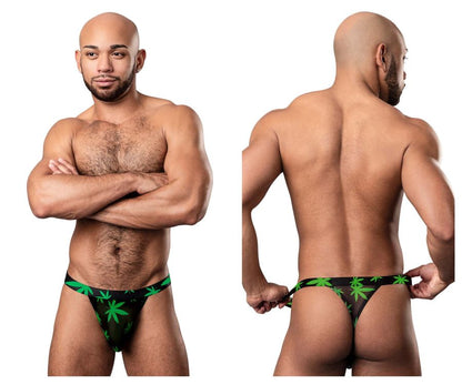 Black male power 433-294 hazy dayz micro thong with green pot leaf pattern showing back side of the product