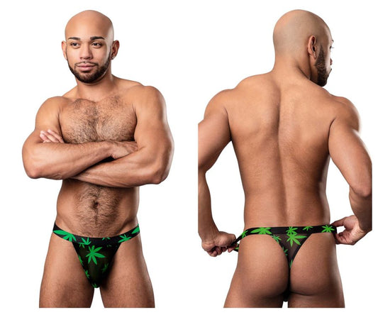 Black male power 433-294 hazy dayz micro thong with green pot leaf pattern showing back side of the product