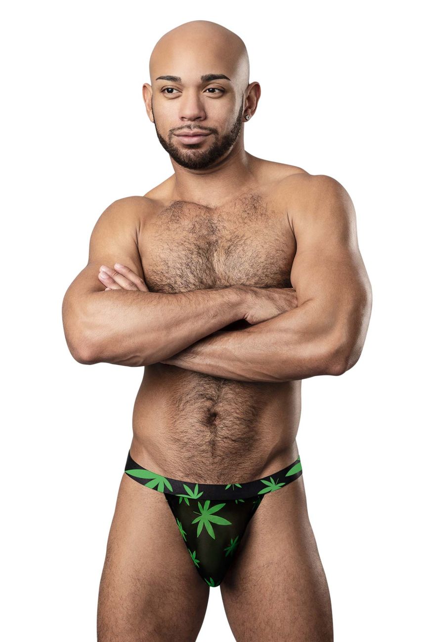 Black male power 433-294 hazy dayz micro thong with green cannabis leaf pattern front view