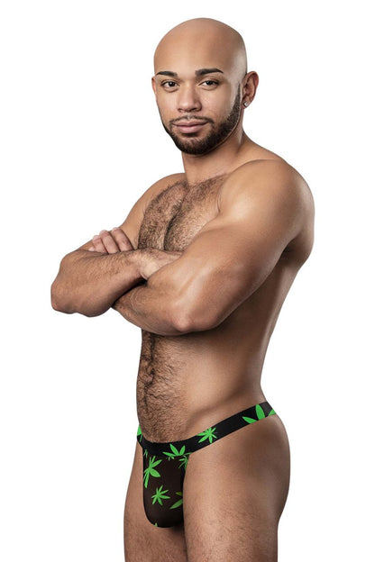 Male power 433-294 hazy dayz micro thong in black fabric with green cannabis leaf pattern for men