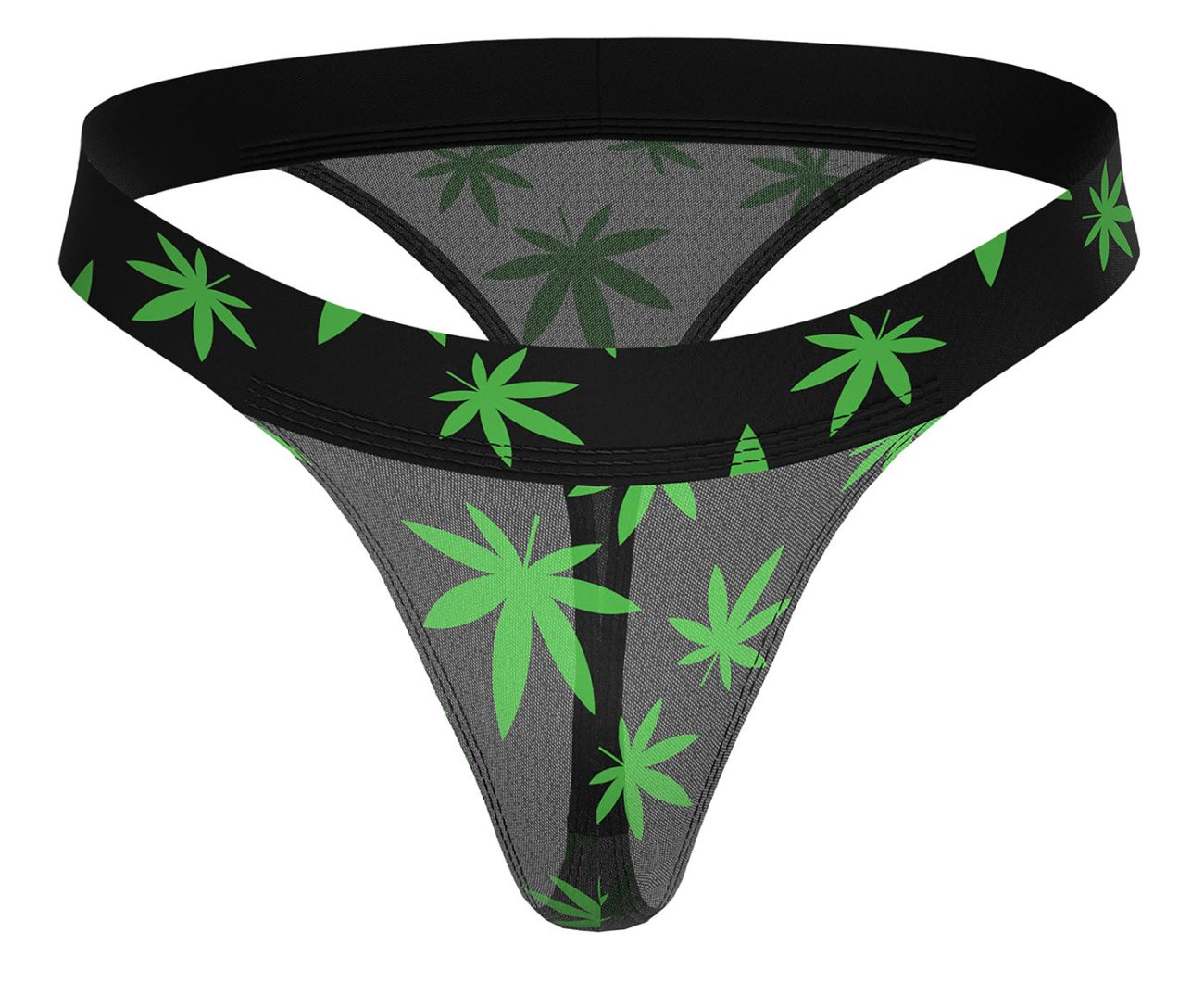 Male power 433-294 hazy dayz micro thong in black with gray mesh body and bright green cannabis leaf pattern front view