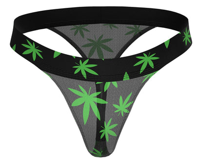 Male power 433-294 hazy dayz micro thong in black with gray mesh body and bright green cannabis leaf pattern front view
