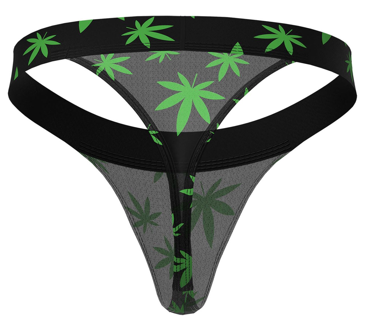 Male power 433-294 hazy dayz micro thong in black and green marijuana leaf patterned mesh fabric shown from back