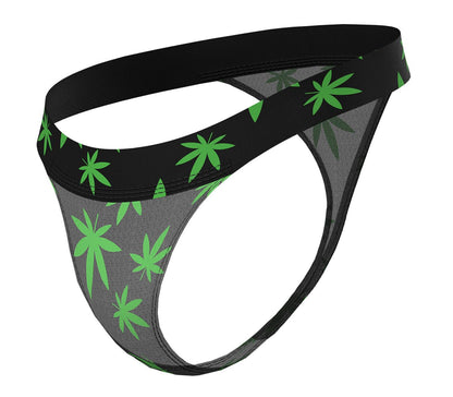 Male Power 433-294 Hazy Dayz micro thong in black and gray mesh with bold green cannabis leaf pattern front view