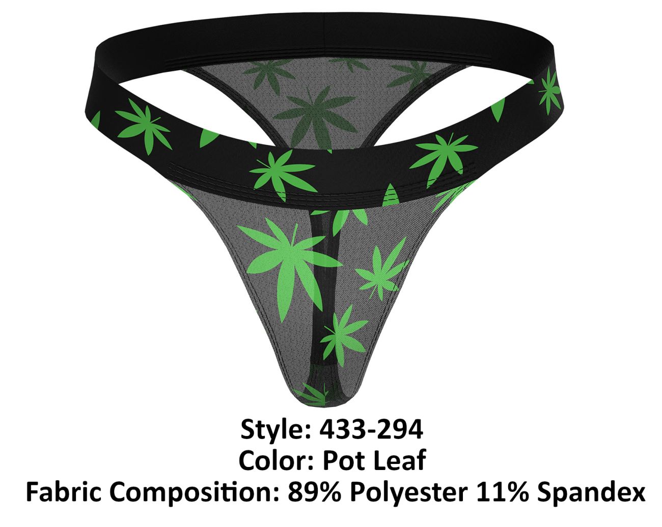 Male power 433-294 hazy dayz micro thong with black back sheer gray mesh and vibrant green pot leaf pattern
