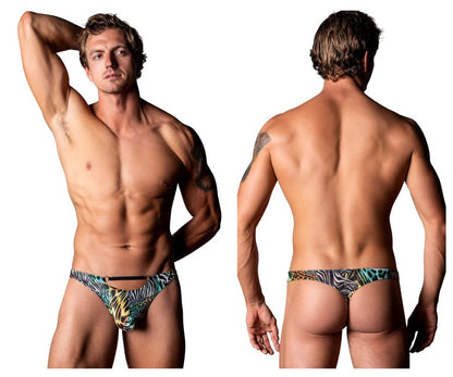 Male power 439-295 go wild thong with vibrant multi animal zebra and green leaf tropical pattern men’s briefs