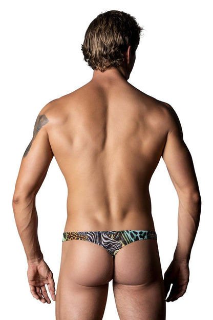 A man wearing male power 439-295 go wild thong with colorful zebra and leopard print briefs on the front side
