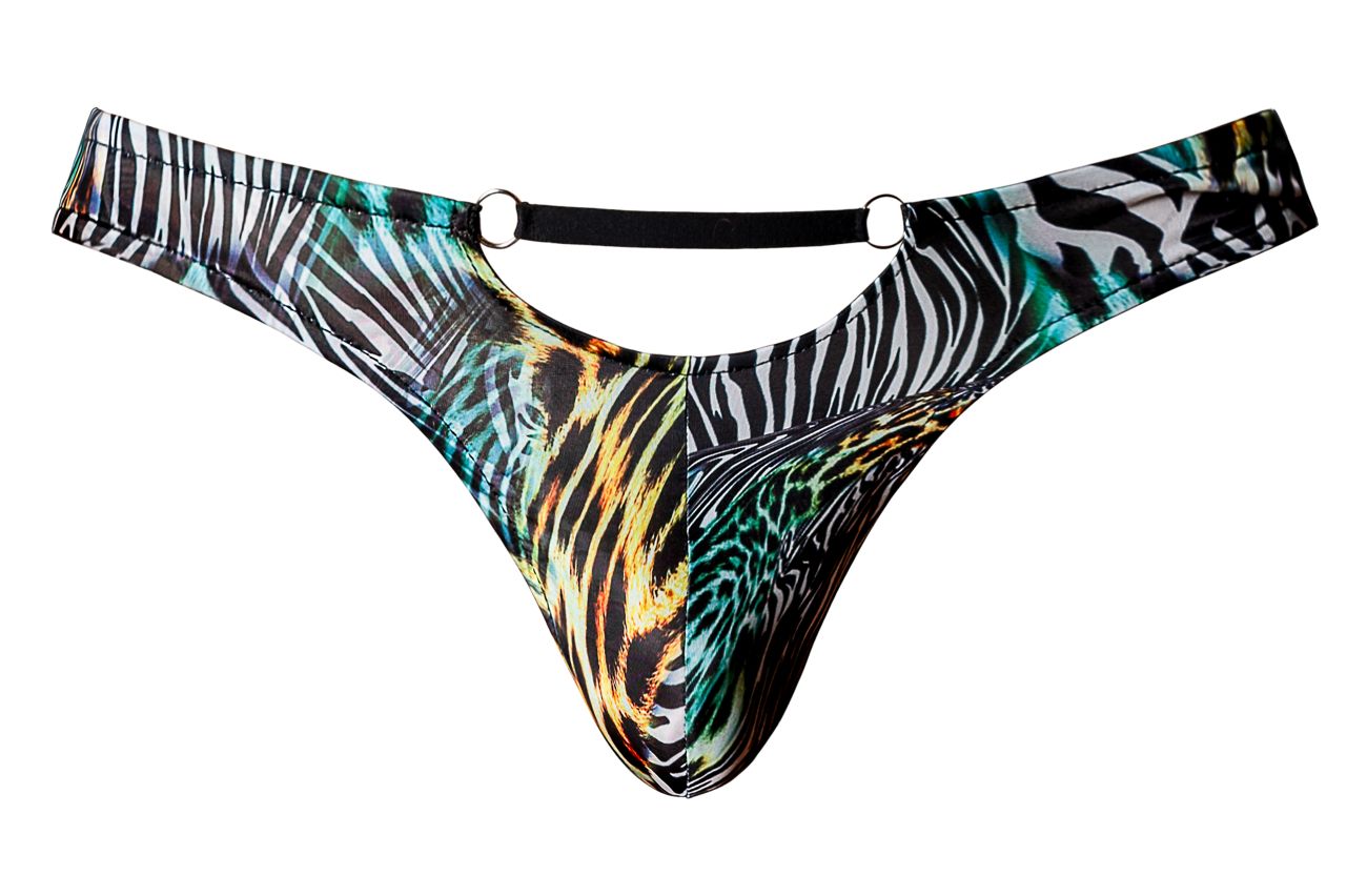 Male power 439-295 go wild thong with 2 rings featuring teal black gold and white animal prints on stretchy fabric