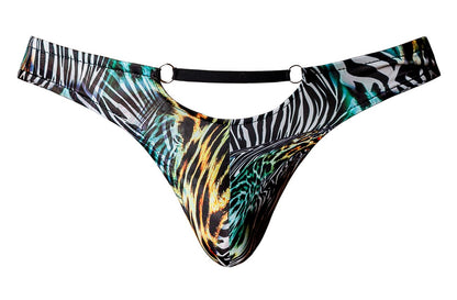Male power 439-295 go wild thong with 2 rings featuring teal black gold and white animal prints on stretchy fabric