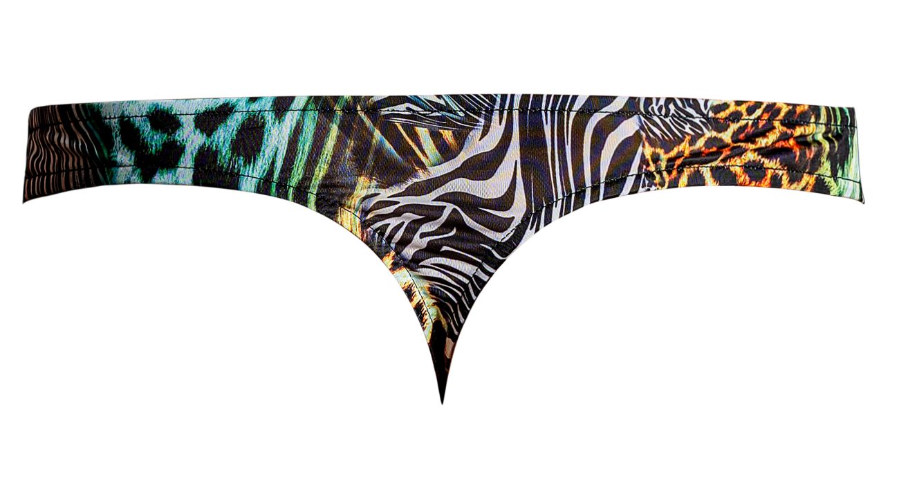 Male power 439-295 go wild thong with 2 rings multicolor animal print featuring vibrant zebra and leopard patterns