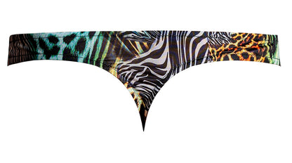 Male power 439-295 go wild thong with 2 rings multicolor animal print featuring vibrant zebra and leopard patterns