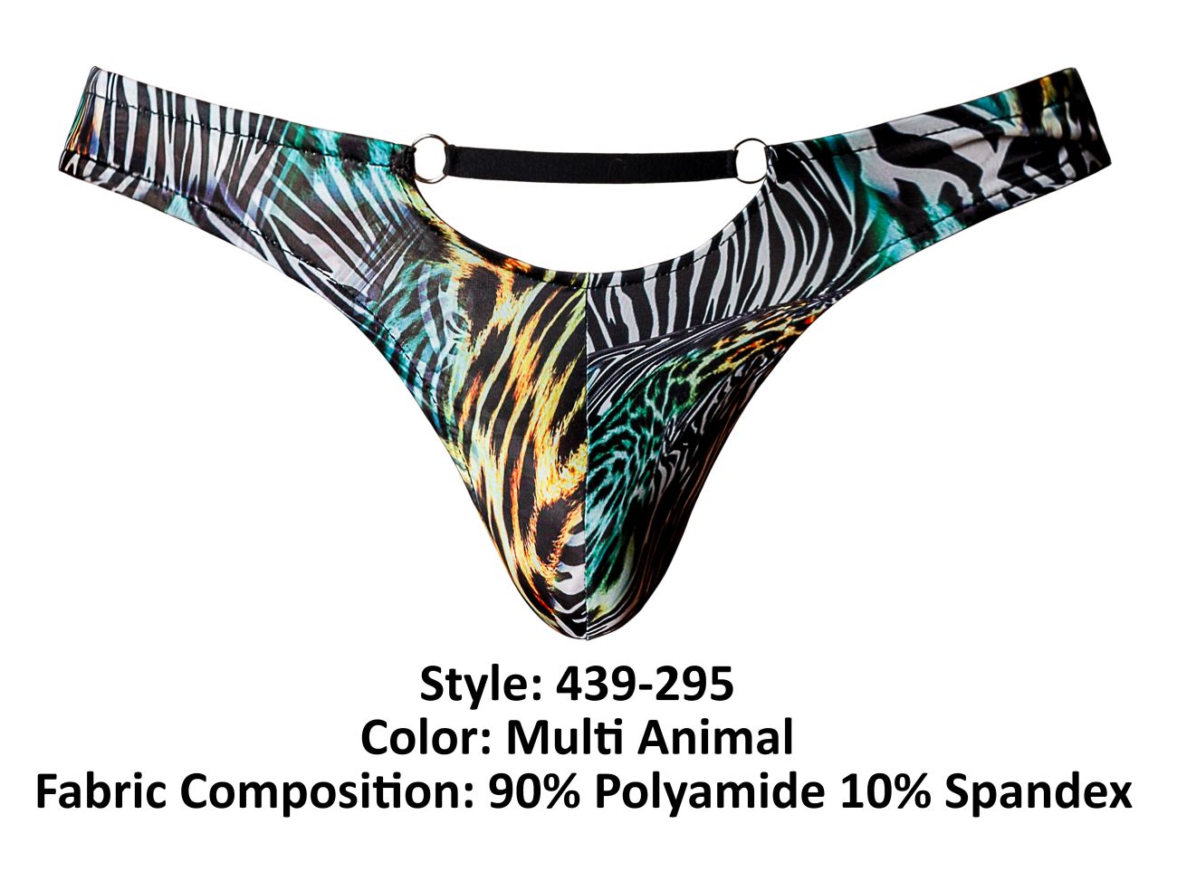 Male power 439-295 go wild thong with bold zebra and leopard print in teal accented multi-animal pattern