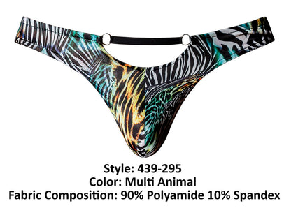Male power 439-295 go wild thong with bold zebra and leopard print in teal accented multi-animal pattern