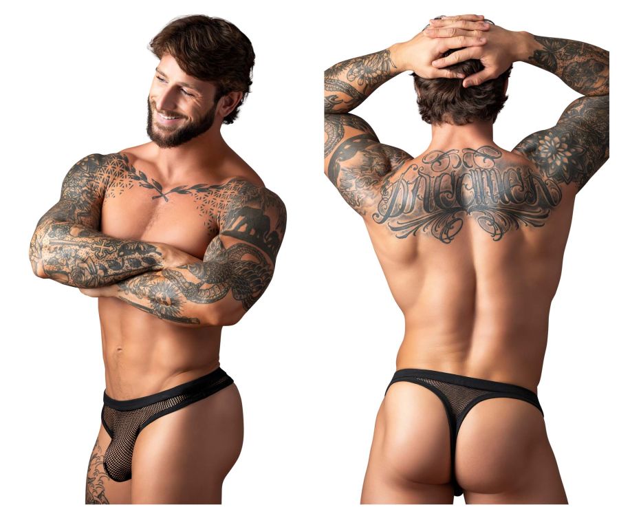 Black mesh male power 441-11c fishnet thong with solid black waistband shown from the back side