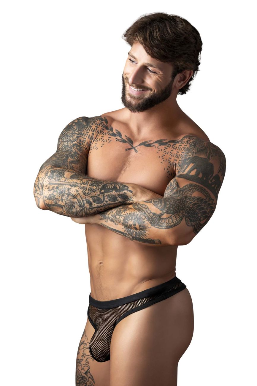 Male Power 441-11C fishnet black thong with solid waistband shown from the back side