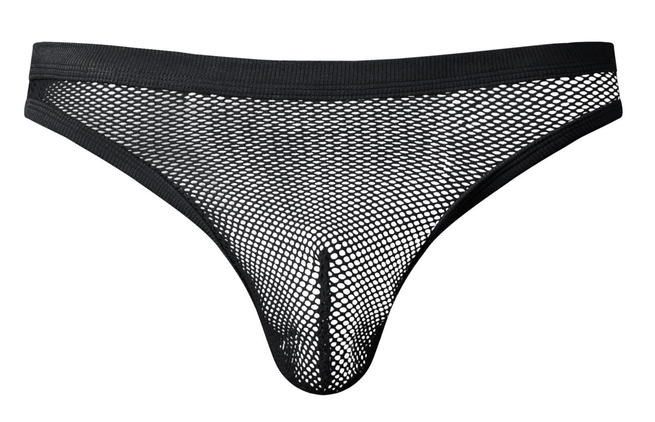 Black mesh male power 441-11c fishnet thong with solid black waistband and leg openings front view