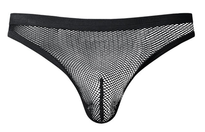 Black mesh male power 441-11c fishnet thong with solid black waistband and leg openings front view
