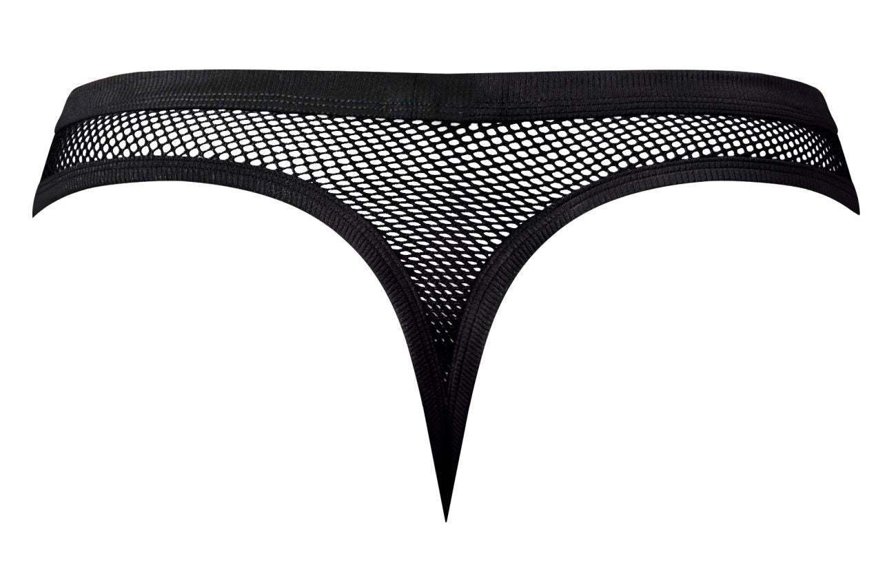 Male power 441-11c fishnet black mesh thong with solid elastic waistband and pointed leg openings front view