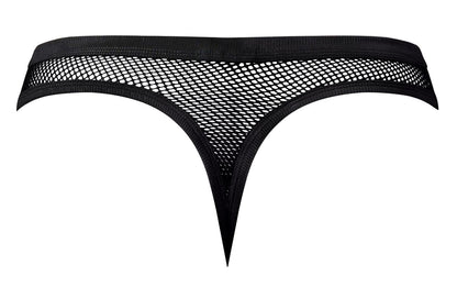 Male power 441-11c fishnet black mesh thong with solid elastic waistband and pointed leg openings front view
