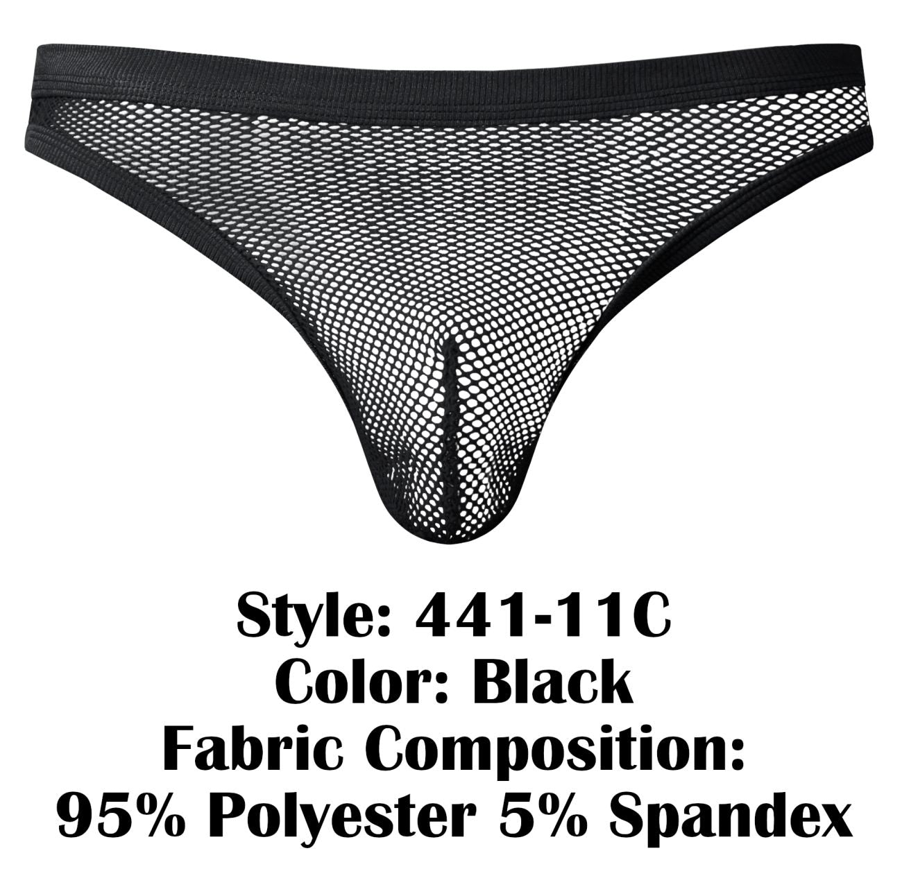 Black male power 441-11c fishnet thong with solid elastic waistband made of 95 polyester 5 spandex