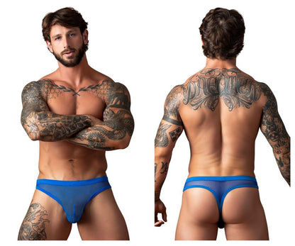 Back view of male power 441-11c royal blue fishnet mesh thong with low-rise cut and intricate design
