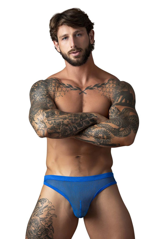 Male power 441-11c fishnet blue mesh briefs with thong design in royal color showing front view