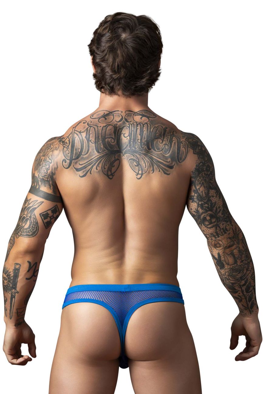 Male Power 441-11C fishnet thong in royal blue with blue mesh and solid waistband shown from the back side