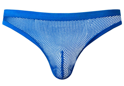 Male power 441-11c fishnet thong in royal blue with blue mesh and solid waistband and leg openings shown from back