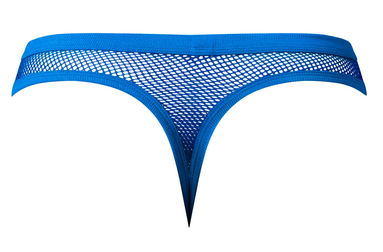 Bright blue male power 441-11c fishnet thong with solid fabric waistband and leg openings front view