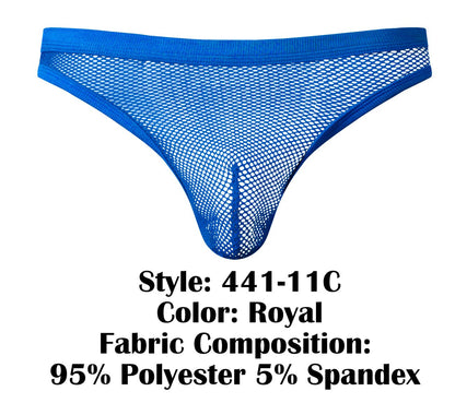 Male Power 441-11C royal blue fishnet thong made of 95% polyester and 5% spandex showing back side detail