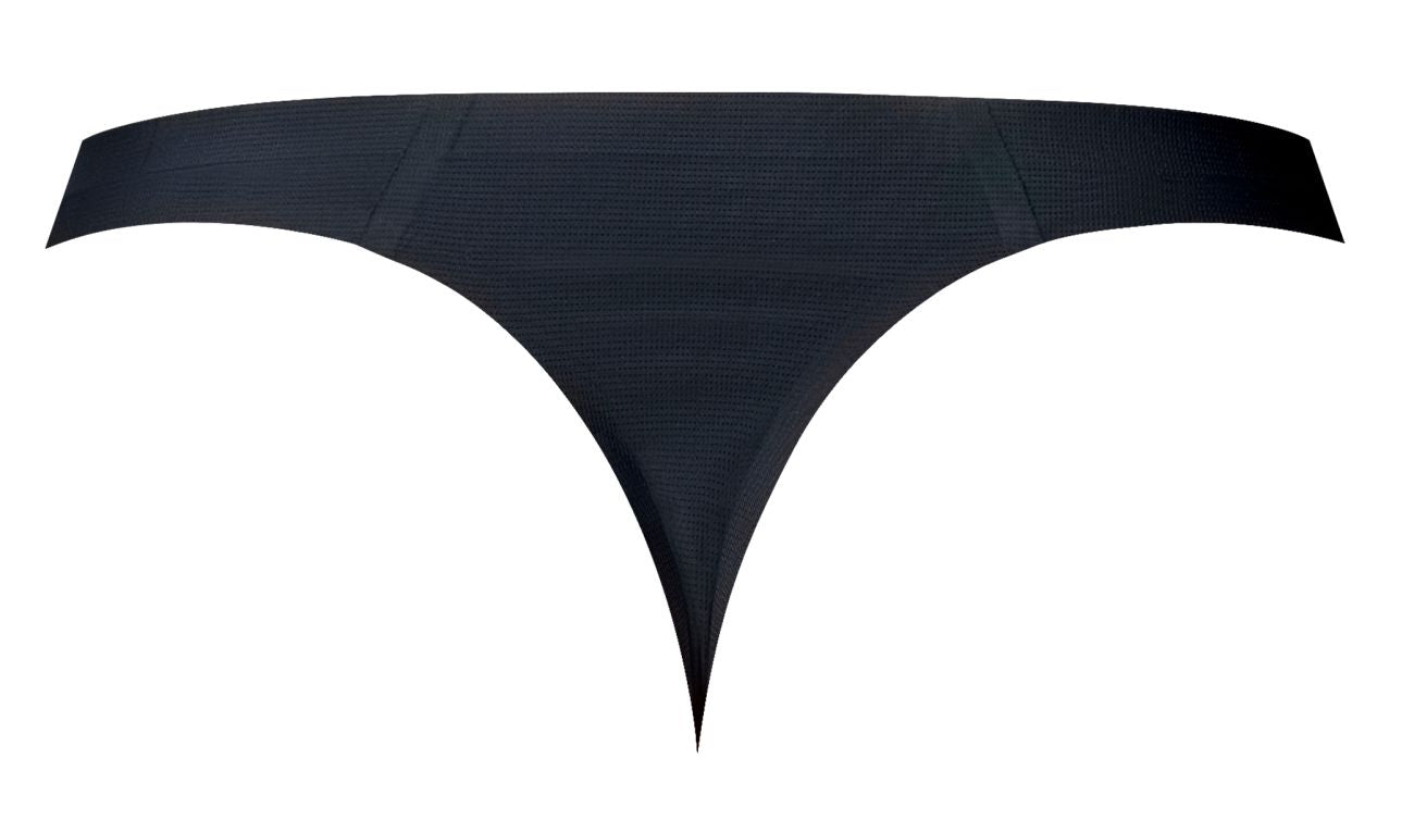 Black textured male power 442-300 hot mesh thong with sleek modern design in black and red, front view