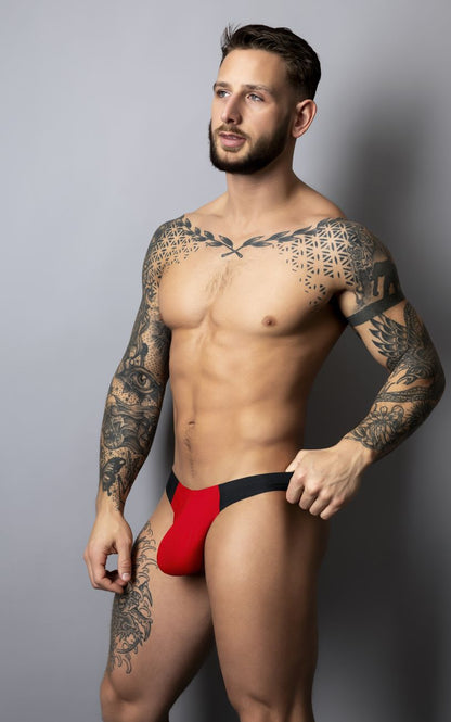 Male power 442-300 hot mesh bong thong in black and red with sleek form-fitting athletic briefs design