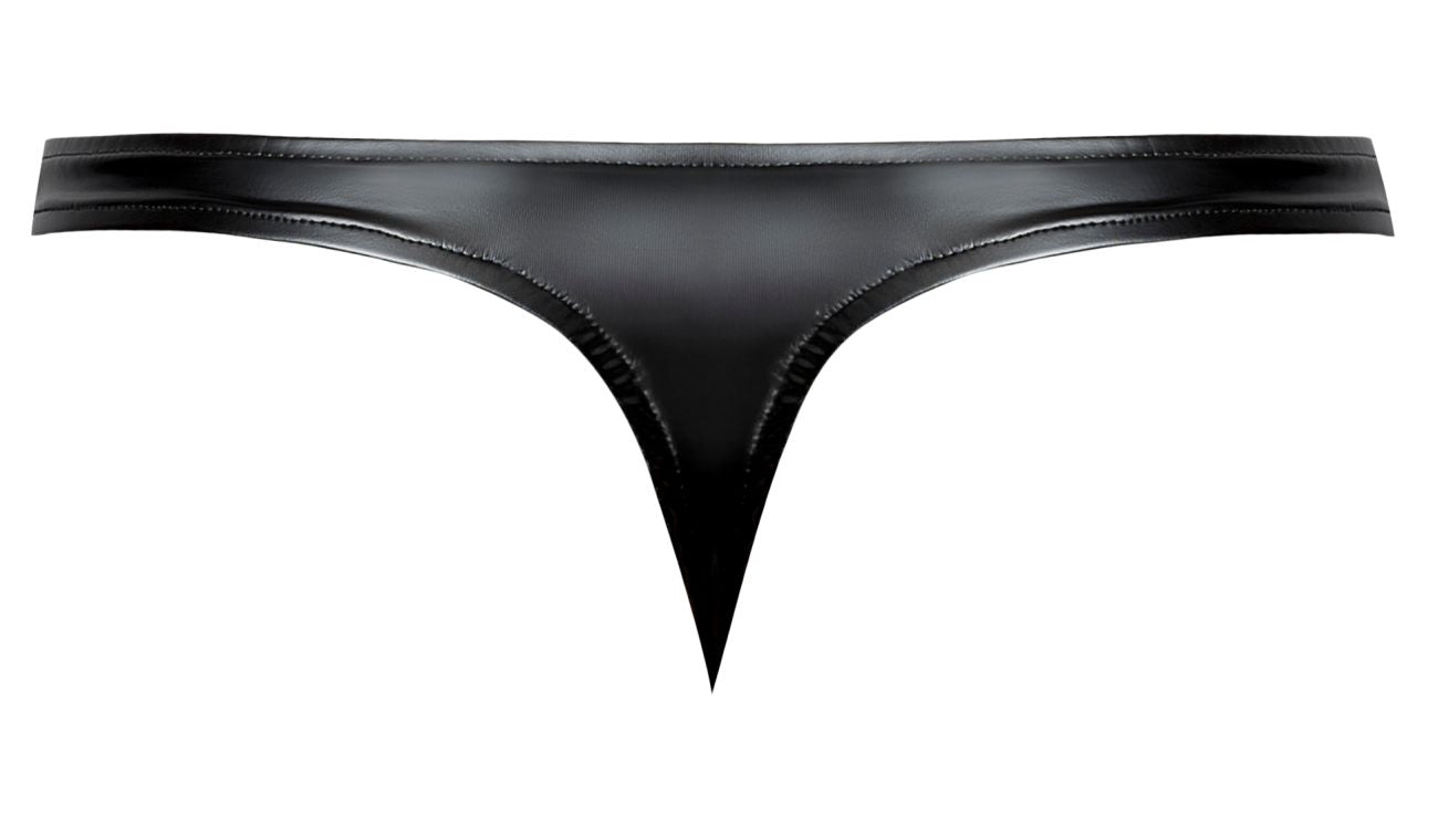 Male power 442-301 liquid onyx 2.0 black thong in glossy patent leather with precise edge stitching shown from the back