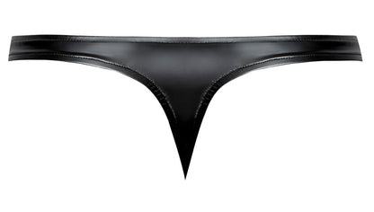 Male power 442-301 liquid onyx 2.0 black thong in glossy patent leather with precise edge stitching shown from the back