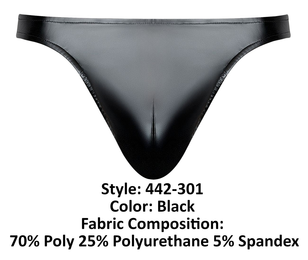 Male Power 442-301 Liquid Onyx 2.0 black thong in glossy polyester and polyurethane blend shown from the back side
