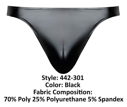 Male Power 442-301 Liquid Onyx 2.0 black thong in glossy polyester and polyurethane blend shown from the back side