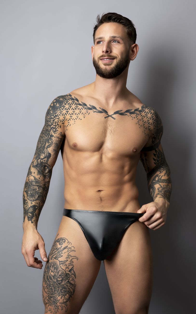 Black leather male power 442-301 liquid onyx 2.0 bong thong briefs showing the back side