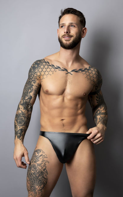 Black leather male power 442-301 liquid onyx 2.0 bong thong briefs showing the back side