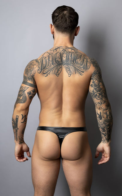 Male power 442-301 liquid onyx 2.0 black thong made of glossy black patent leather with a thong design