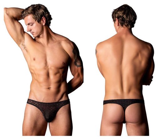 Black lace thong with subtle geometric pattern from male power 443-296 widow maker classic thong in black