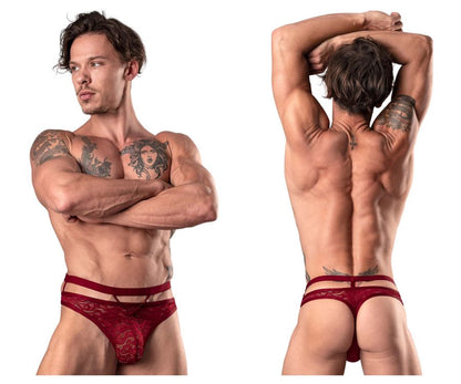 Male power 446-289 lucifer cut out strappy thong burgundy red lace with decorative pattern and thin elastic waistband