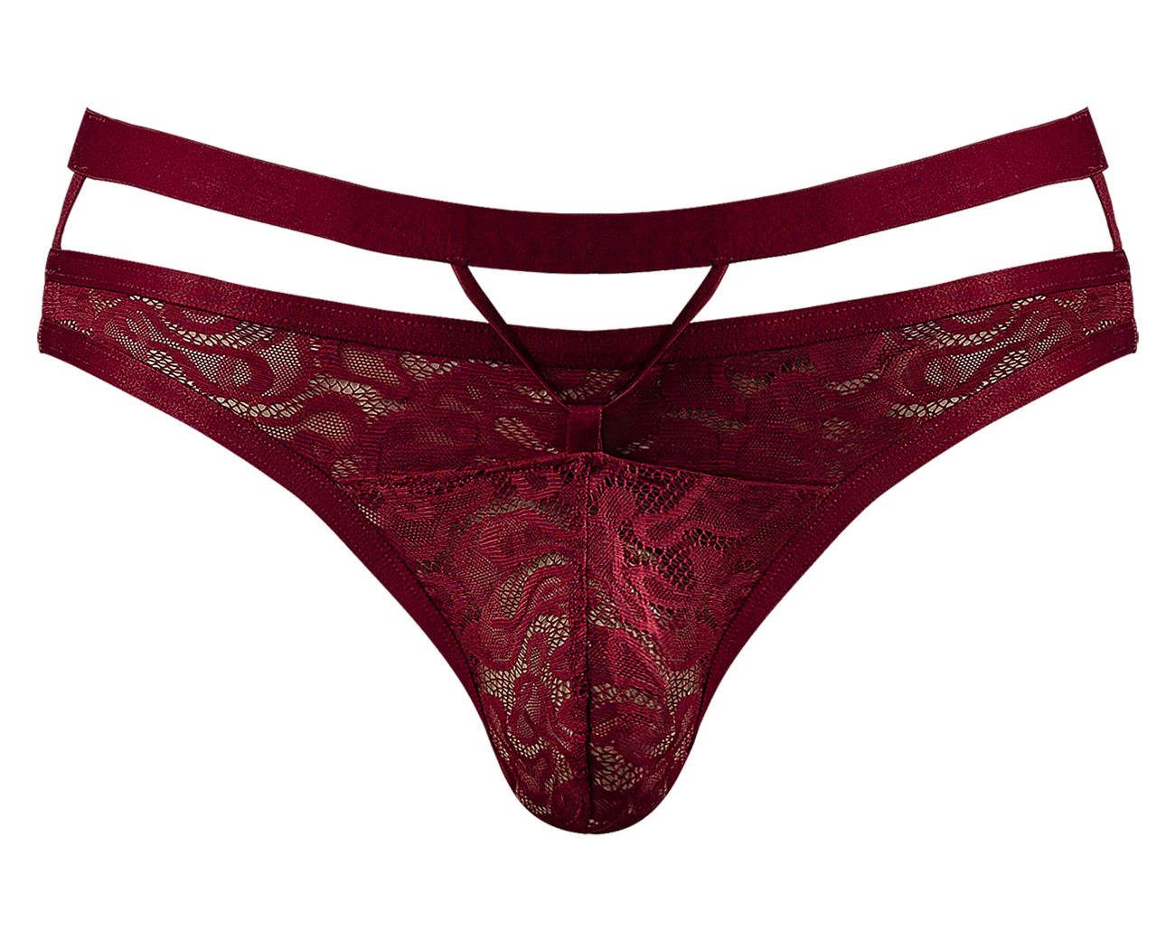 Male power 446-289 lucifer cut out strappy thong in burgundy lace with satin waistband and cutout design front view