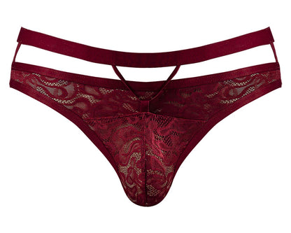 Male power 446-289 lucifer cut out strappy thong in burgundy lace with satin waistband and cutout design front view
