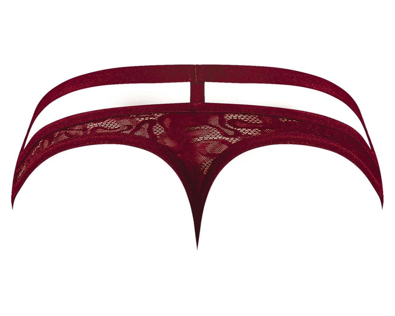 Male Power 446-289 lucifer burgundy deep red lace thong with floral pattern and curved supportive straps, back view